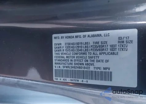 2017 Honda Odyssey Ex-L z USA, uszkodzony, nr VIN 5FNRL5H62HB018422